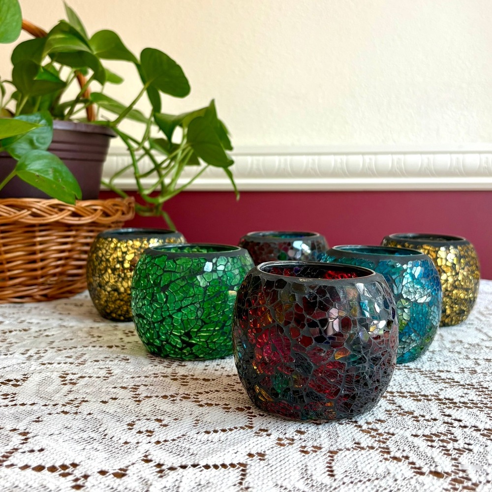 Bohemian Style Glass Mosaic Candle Holder Set of 6 Jewel Tones Tea Lights Votive